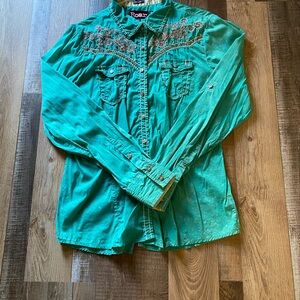 Roar Turquoise Embroidered Shirt EUC